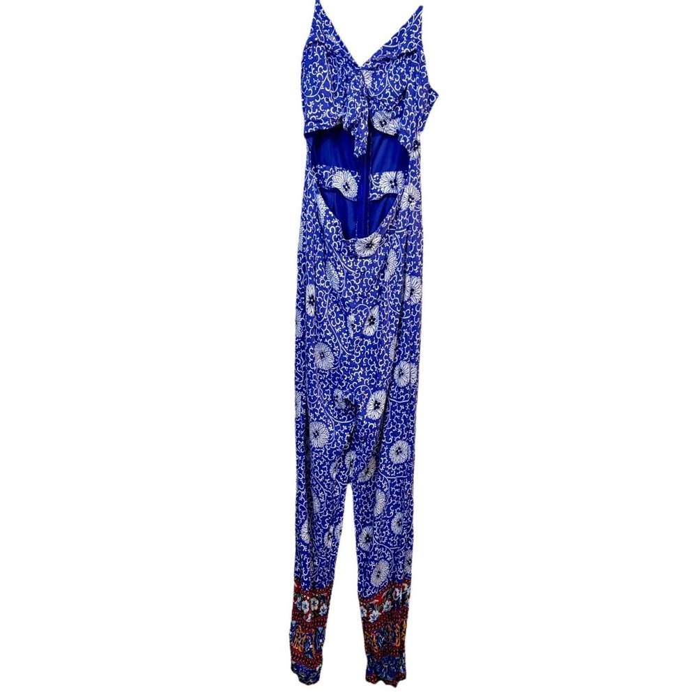 Fashion Nova Jumpsuit Blue Floral Front Tie‎ Cutout Wide Leg Medium EUC  Preppy